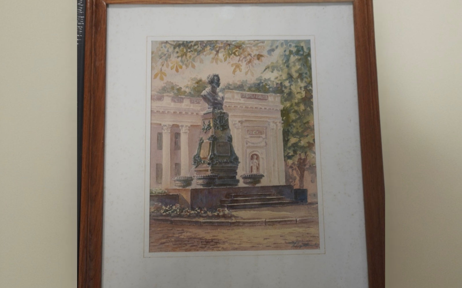Aquarelle originale signée – Buste de Pouchkine à Odessa – Androw Poskovsky