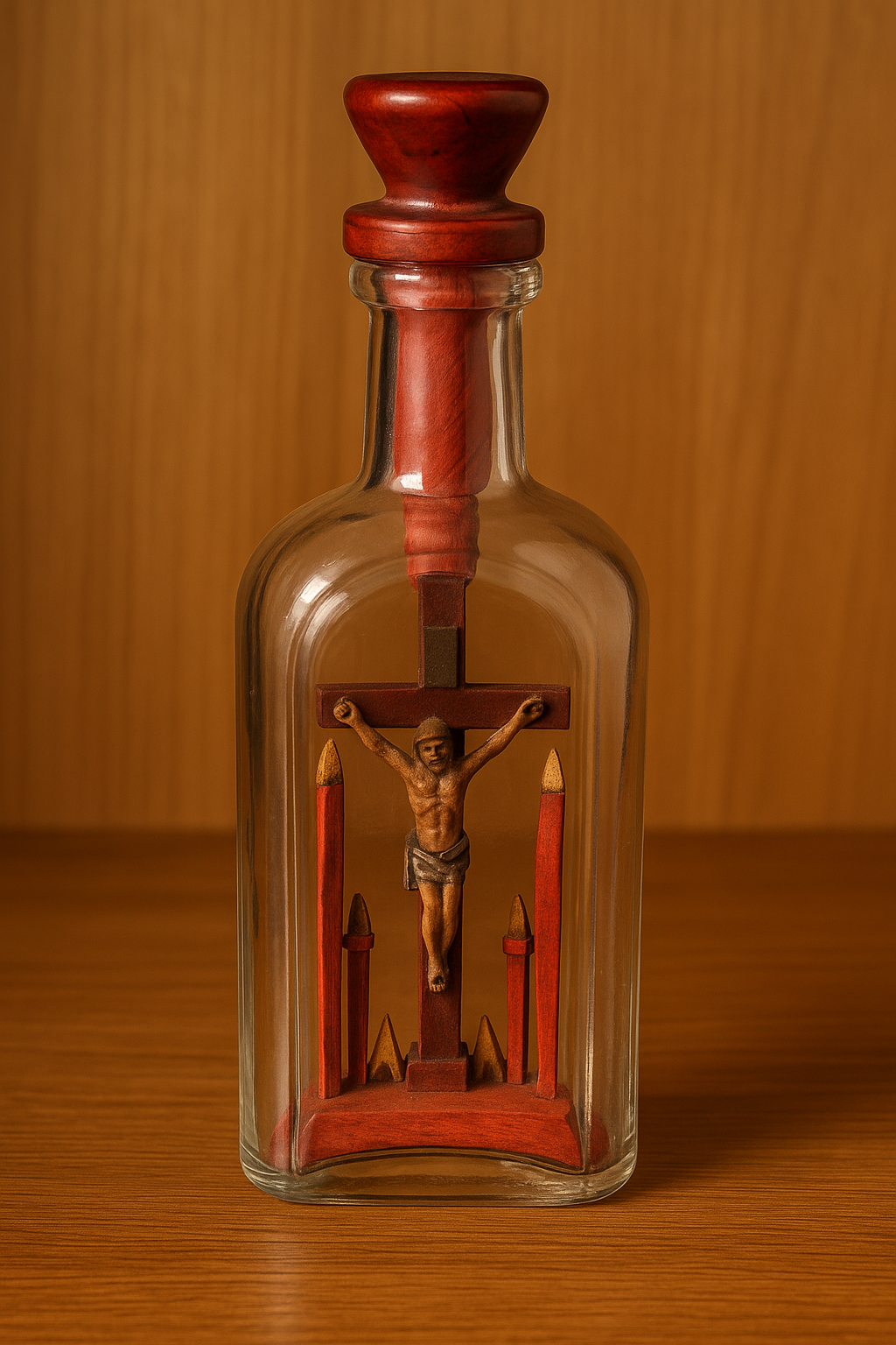 Bouteille ancienne avec Christ sculpté – Art populaire religieux (XXe)