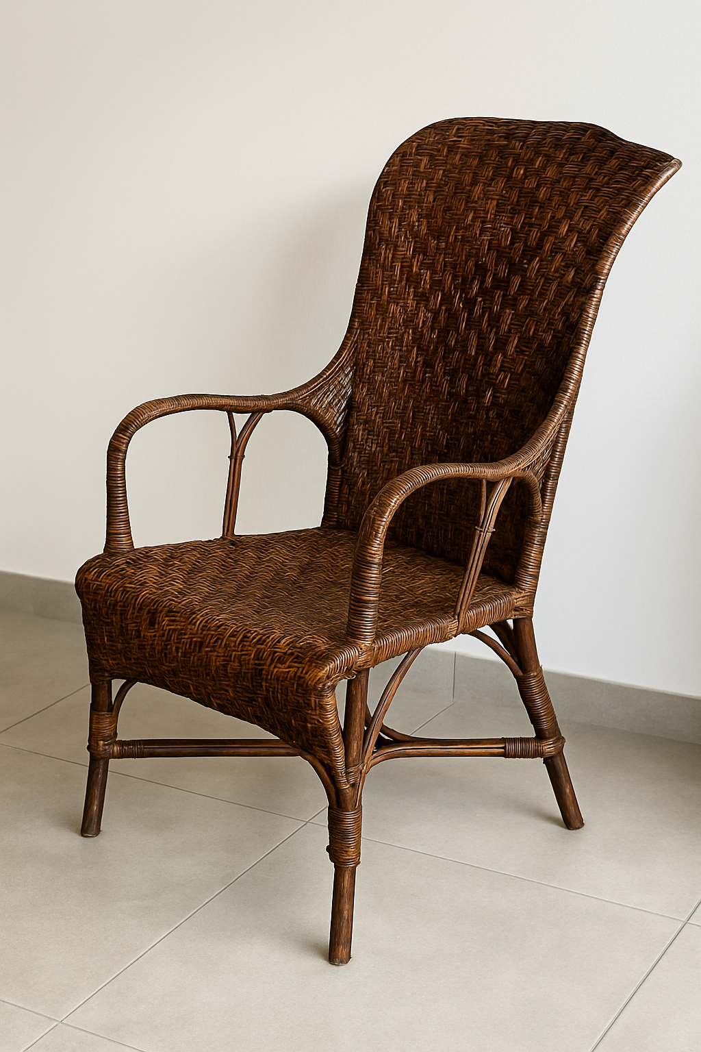 Fauteuil vintage en rotin tressé – Années 40/50 – Dossier haut