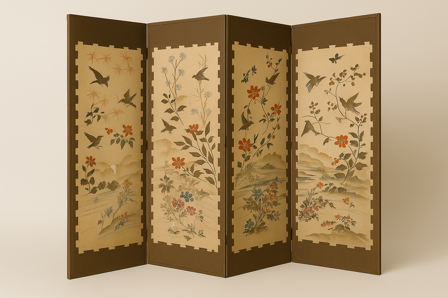 Paravent ancien japonais Broderies traditionnelles à la main (début XXᵉ siècle)