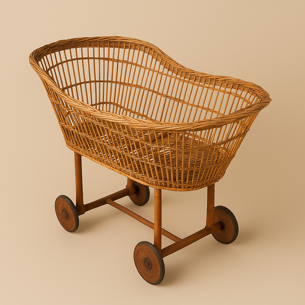 Berceau ancien en osier sur roulettes Années 1950
