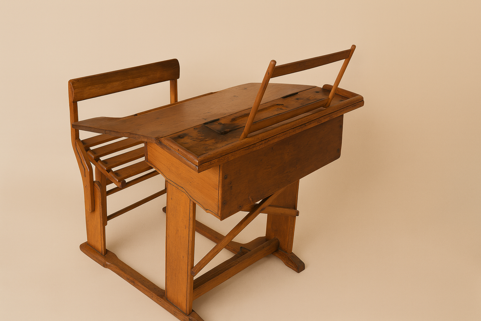 Bureau d’école vintage en bois – Années 1940/1950 – Avec pupitre et encrier