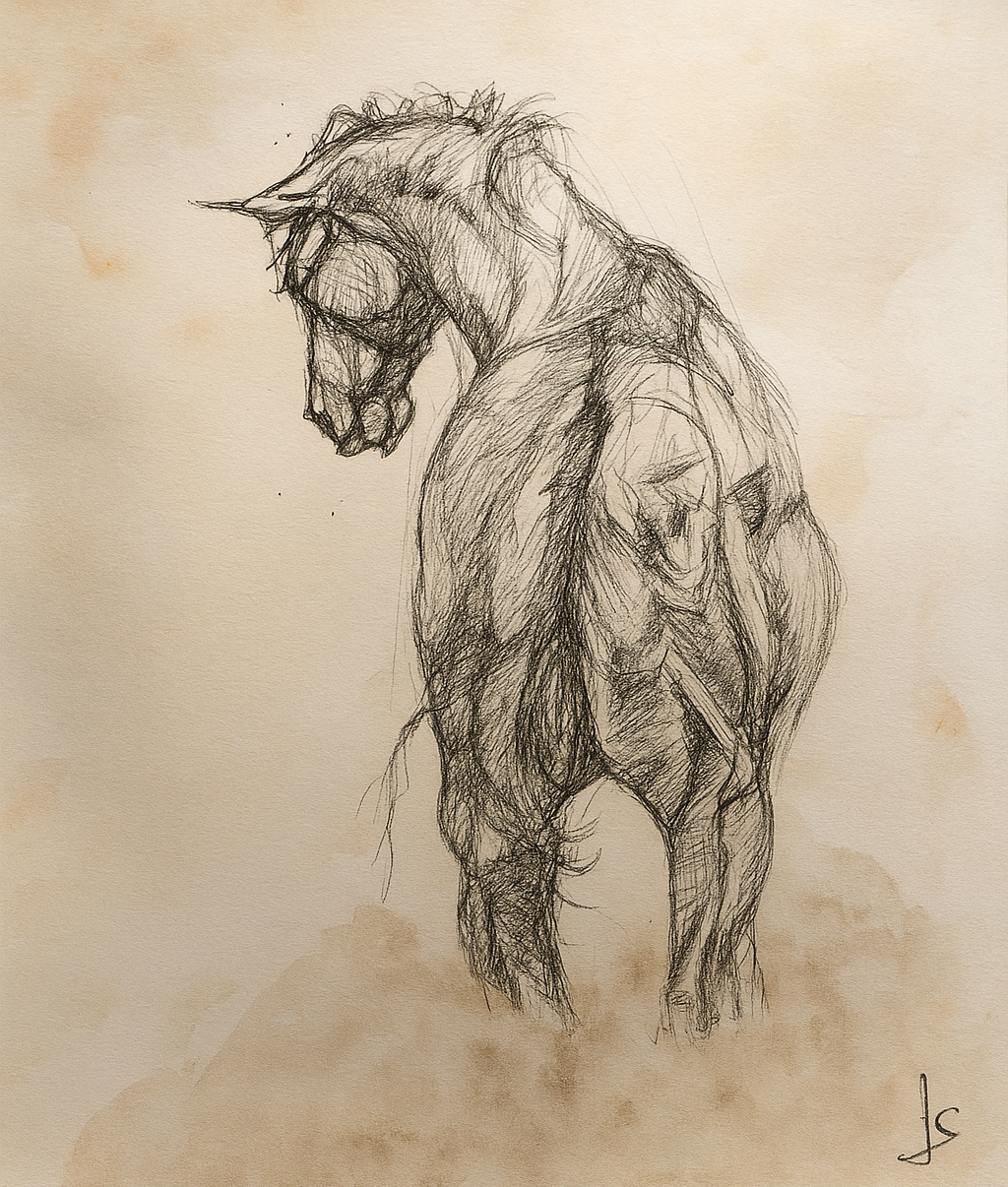 Aquarelle originale Cheval | Aquarelle & Fineliner Œuvre signée