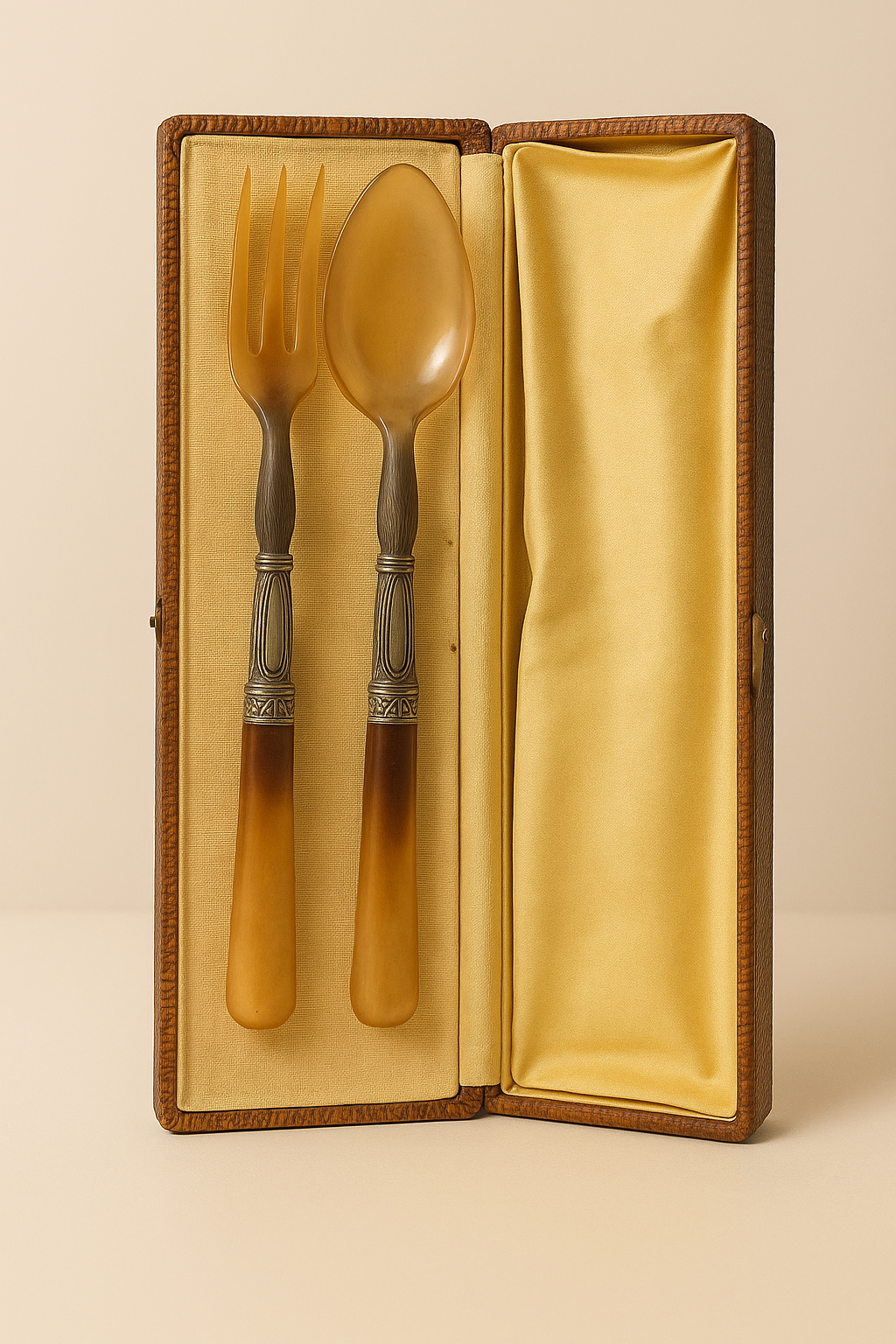 Service ancien de service salade – Fourchette & Cuillère en corne et métal argenté