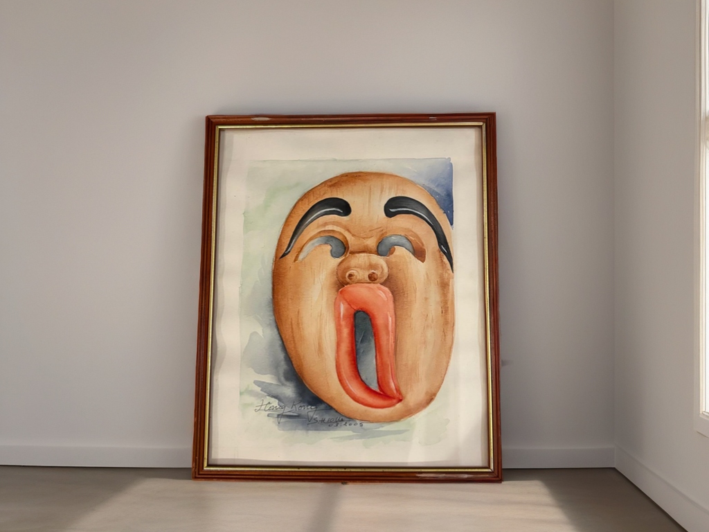 Aquarelle encadrée Masque expressif, signée et datée Hong Kong, mars 2005